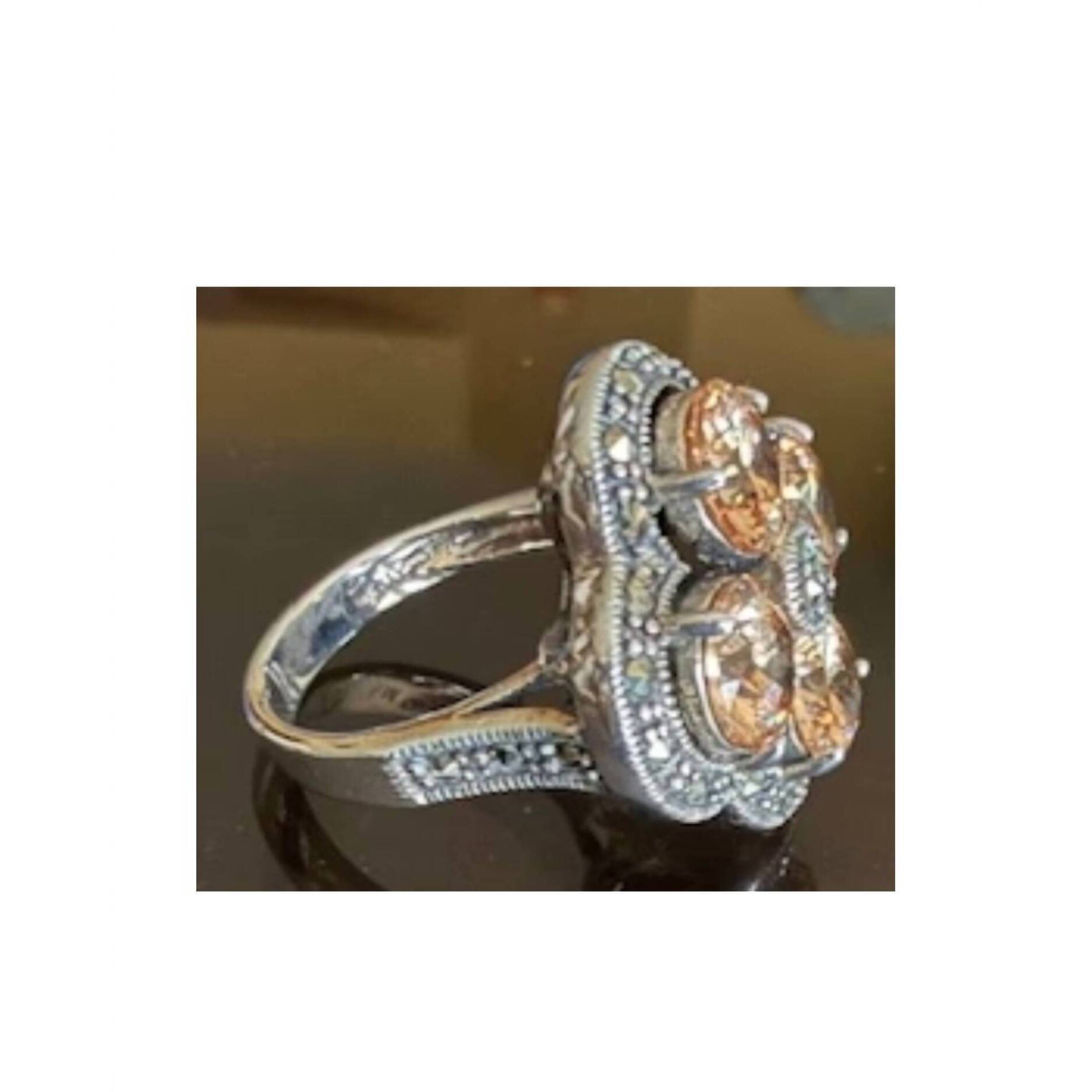 New P & K Jewelry Women's Sterling Marcasite Ring In Silver/ Amber